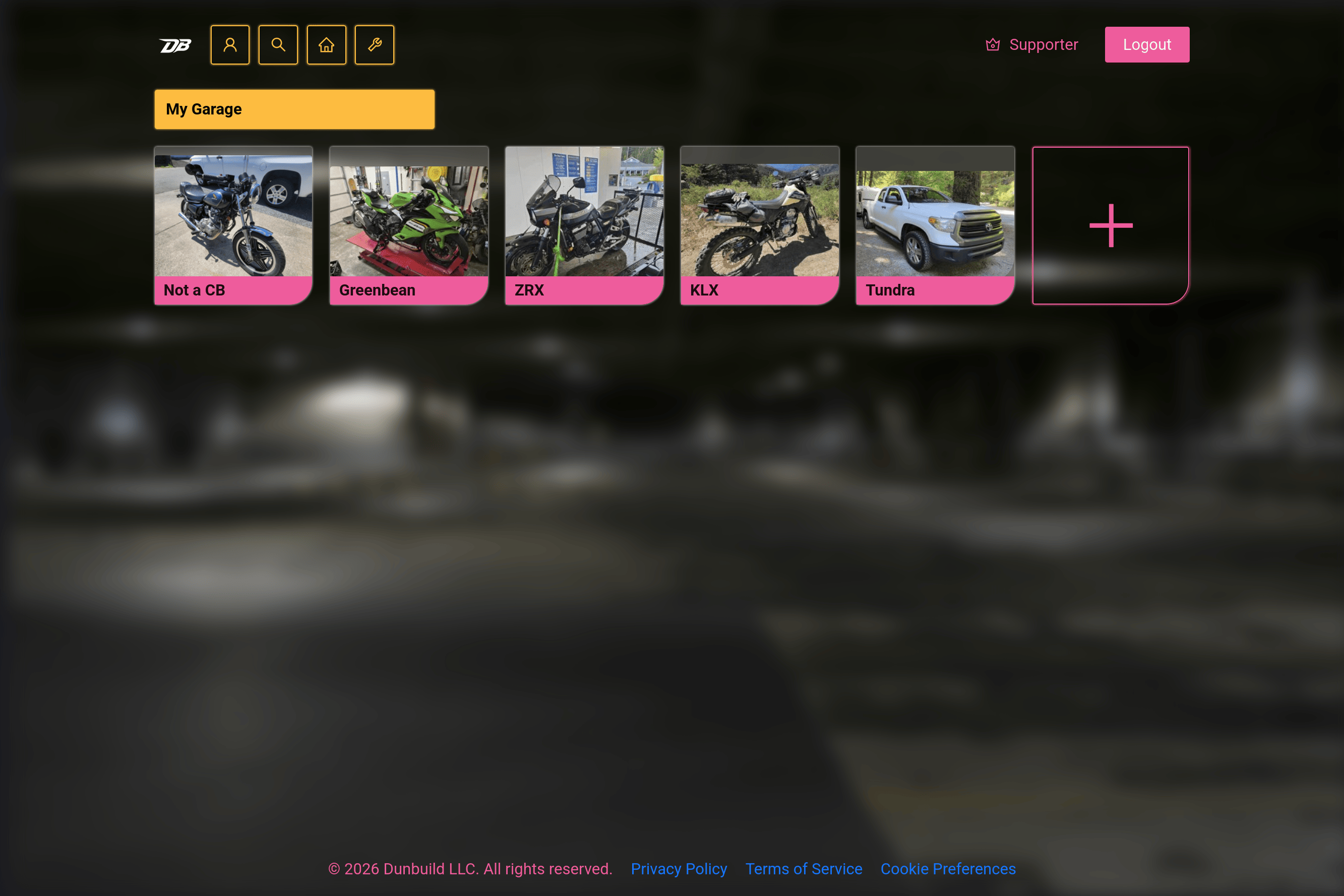 Screenshot of the Garage page showing multiple build cards with icons, names, and vehicle details