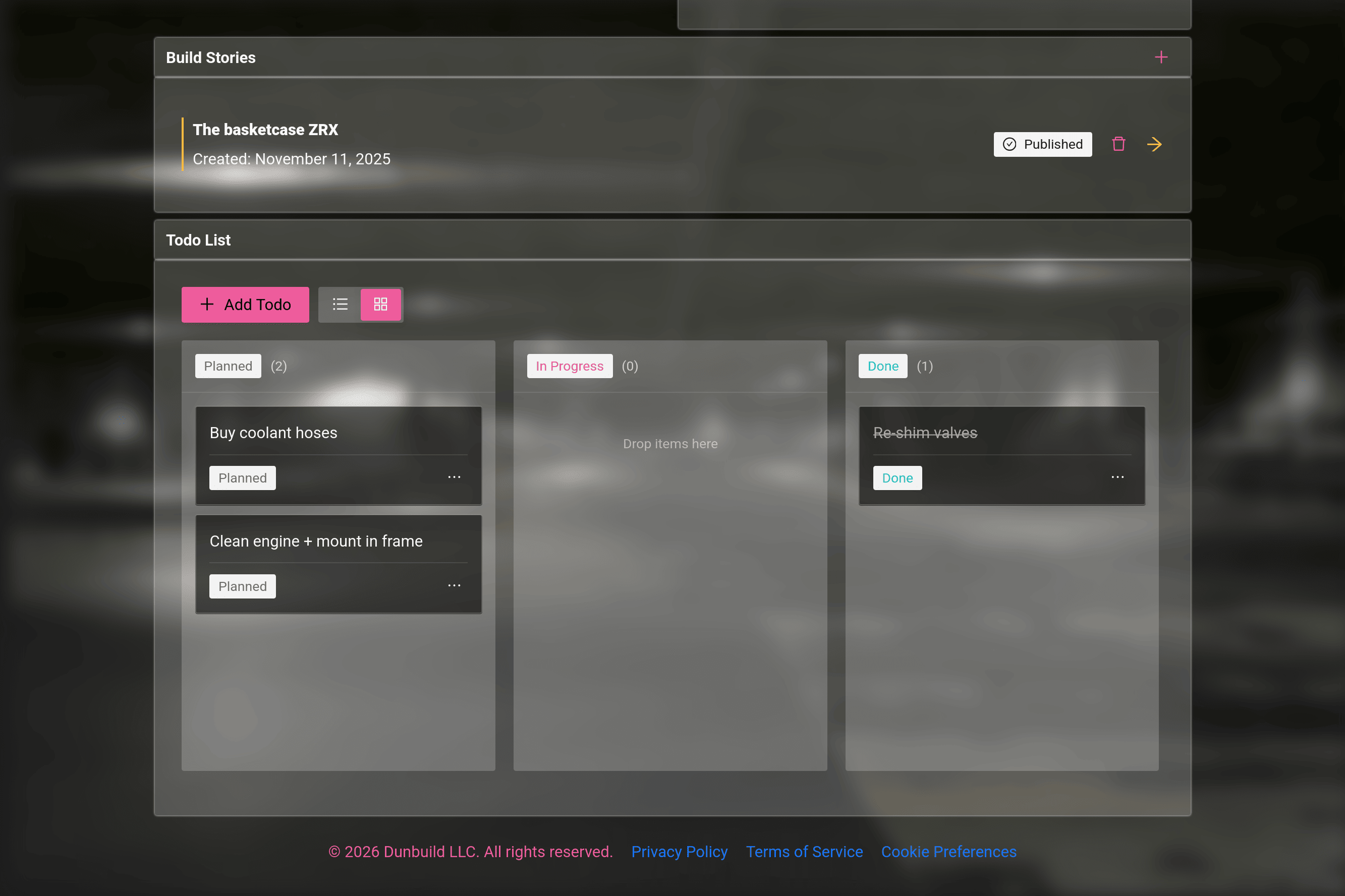Screenshot of the build to-do list showing kanban columns for Planned, In Progress, and Done with draggable cards and sub-item checklists
